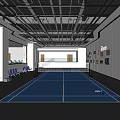 Indoor Fitness Sports Facility With Blue Court Seating Wall Posters And Ceiling Lights