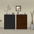 Modern Entryway Cabinet And Side Cabinet With Two Tone Brown Design Decorative Vase And Painting