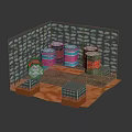 3D Model Scene With Colorful Barrels Grid Walls And Floor Structure