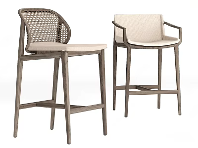 Modern Bar Stools With Woven And Upholstered Backrests And Wooden Legs 3d model