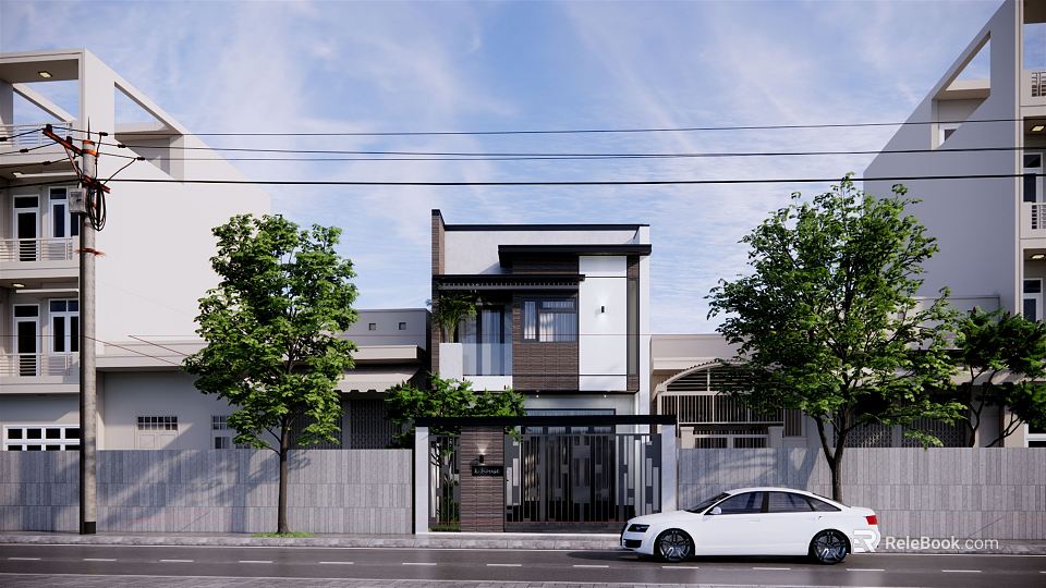 Modern Detached House Exterior With Contemporary Facade Glass Windows And Front Trees 3d model 