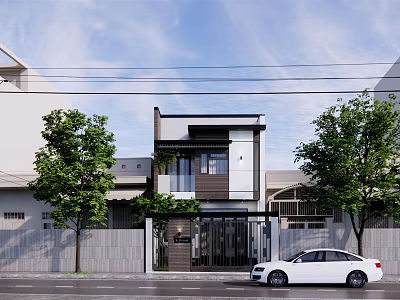 Modern Detached House Exterior With Contemporary Facade Glass Windows And Front Trees 3d model