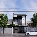 Modern Detached House Exterior With Contemporary Facade Glass Windows And Front Trees