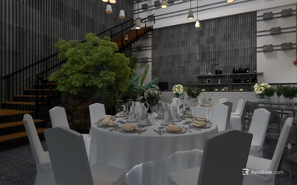 Elegant Private Dining Room With Round Table White Tablecloth Wine Glasses And Green Plants 3d model 