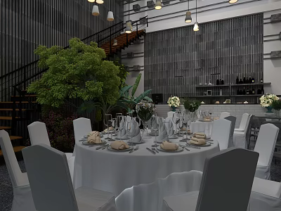 Elegant Private Dining Room With Round Table White Tablecloth Wine Glasses And Green Plants 3d model