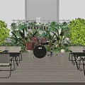 Outdoor Restaurant Terrace With Wooden Deck Green Plants Umbrellas Seating And Ambient Lighting