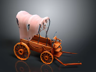 Classic Wooden Carriage Detailed Structure With Pink Cover And Spoked Wheels 3d model
