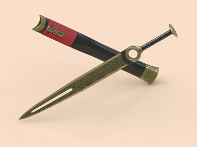 Ornate Ancient Sword With Metal Blade And Red Black Scabbard 3d model Ornate Ancient Sword With Metal Blade And Red Black Scabbard 3d model