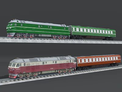 Two Level Display of Green and Red Model Trains with Multiple Carriages 3d model