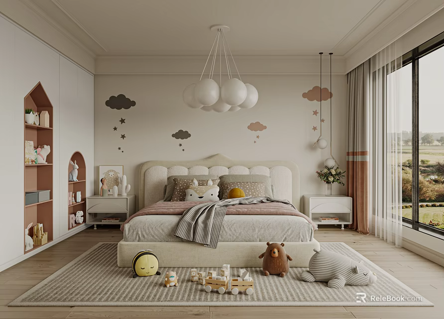 Modern Kids Room Interior With Cloud Star Decorations Chandelier And Soft Rug 3d model 