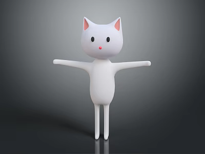Cute Cartoon White Cat With Pink Ears Red Nose Stretched Arms And Gray Background 3d model