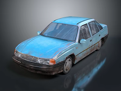 Old Blue Sedan Car With Worn Exterior And Classic Retro Design 3d model