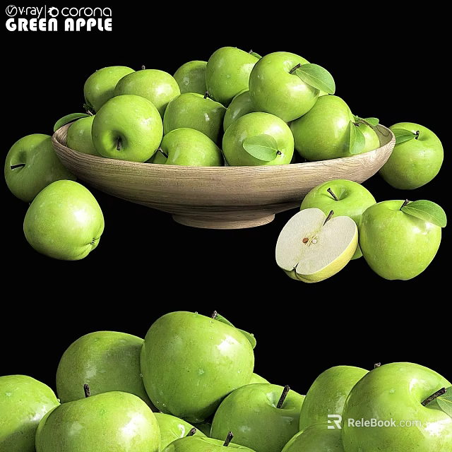 Fresh Green Apples In Wooden Bowl With Scattered And Sliced Pieces 3d model 