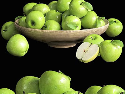 Fresh Green Apples In Wooden Bowl With Scattered And Sliced Pieces 3d model