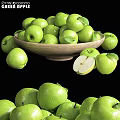 Fresh Green Apples In Wooden Bowl With Scattered And Sliced Pieces