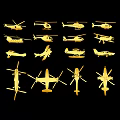 Set of Golden Helicopter Silhouettes Featuring Different Models on Black Background 3d model