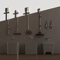 Bathroom Accessories Featuring Wall Mounted Mops Brooms Hooks And White Containers 3d model