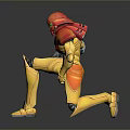 Detailed Game Movie Character With Orange Yellow Armor Holding Gun In Action Pose