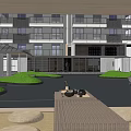 Modern Hotel Lobby Interior Design With Columns Mesh Partitions And Dark Floor Tiles
