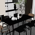Modern Dining Table Set With Black Table Chairs Fireplace And Green Plant 3d model