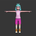 Playful 3D Character with Blue Green Hair Pink Vest Rabbit Design Arms Outstretched Pink Shorts