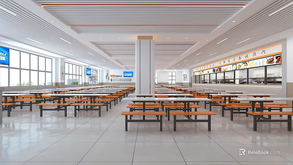 Spacious Clean Dining Hall Interior With Tables Chairs And Food Counters 3d model 
