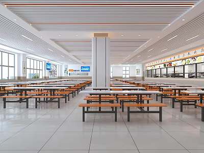 Spacious Clean Dining Hall Interior With Tables Chairs And Food Counters 3d model