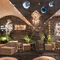 Oriental Tea Pastry Shop Interior With Wall Art Plants Lighting And Tables