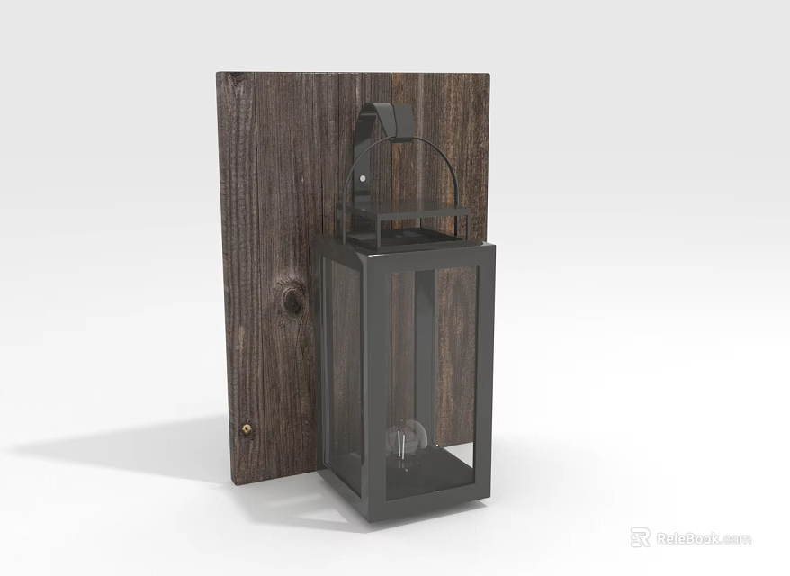 Rustic Wall Mounted Lantern Light With Wooden Board Black Metal Frame Glass Panel And Bulb 3d model 