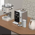 Modern White Kitchen Appliances Coffee Maker Electric Kettle Milk Frother on Wooden Tabletop