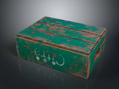 Worn Green Wooden Crate With Hand Painted White Design And Planks 3d model