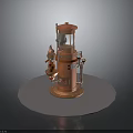 Vintage Orange Industrial Machine With Metal Pipes Valves And Circular Platform