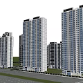 High Rise Residential Buildings in Urban Landscape With Blue Sky White Clouds Road Grassland Vehicles