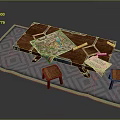 Wooden Table With Stools Set On Geometric Pattern Rug Featuring Ancient Map Scrolls 3d model