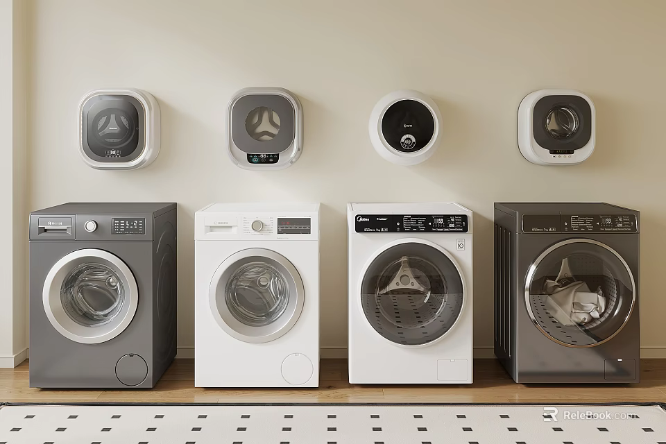 Modern Front Loading Washing Machines In Various Colors With Sleek Control Panels 3d model