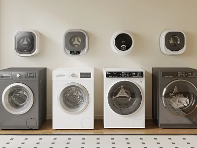 Modern Front Loading Washing Machines In Various Colors With Sleek Control Panels 3d model