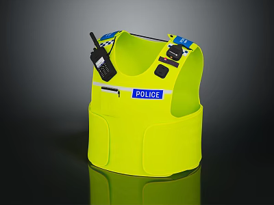 High Visibility Fluorescent Yellow Police Vest With Walkie Talkie And Buttons 3d model