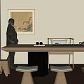 Minimalist Tea Table And Chairs Set With Ceramic Teacups And Wooden Stools