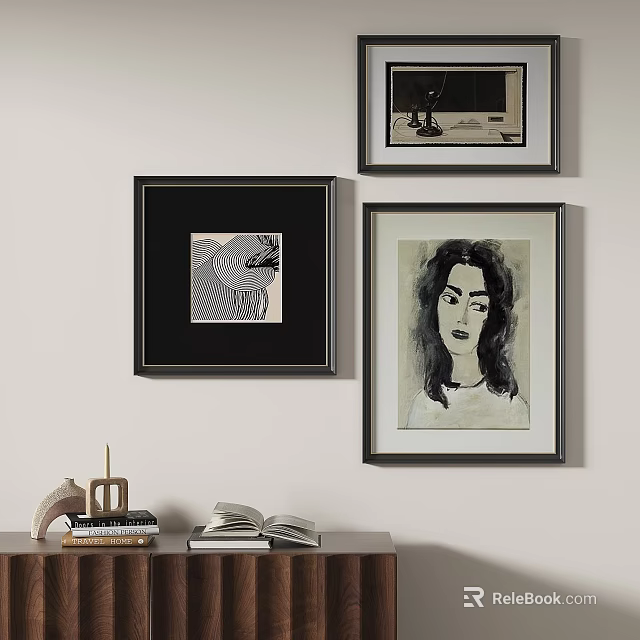 Abstract Paintings Framed On Wall With Decorative Books And Room 3d model 