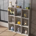 Toy Storage Cabinet With Multi Tiered Grid Shelf Holding Various Toy Figures And Decorative Ornaments