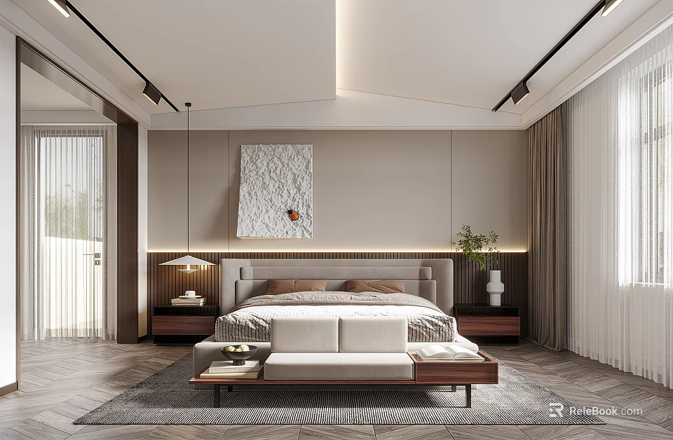 Elegant Modern Bedroom Interior With Bed Pendant Lights Decorative Painting Nightstands And Rug 3d model 