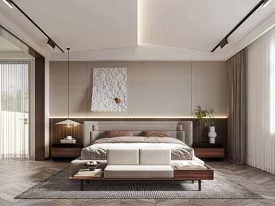 Elegant Modern Bedroom Interior With Bed Pendant Lights Decorative Painting Nightstands And Rug 3d model