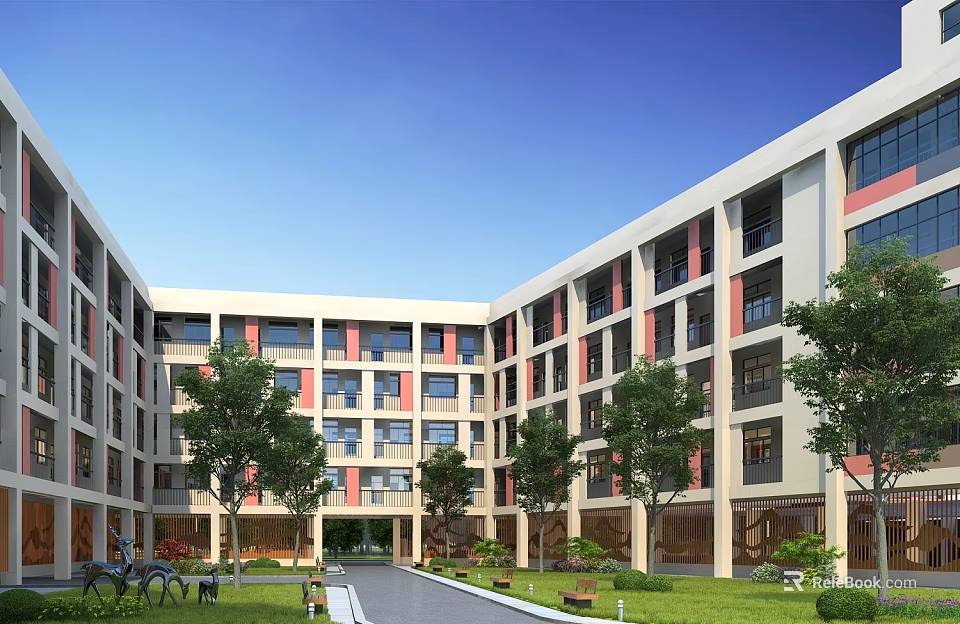 Modern School Building Courtyard Design With Large Windows Green Lawn And Trees 3d model 