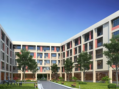 Modern School Building Courtyard Design With Large Windows Green Lawn And Trees 3d model