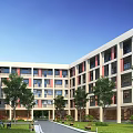 Modern School Building Courtyard Design With Large Windows Green Lawn And Trees