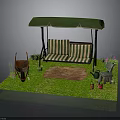 Outdoor Garden Scene With Green Canopy Swing Striped Seat Grill And Accessories