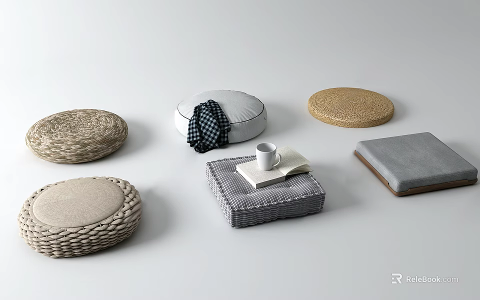 Stylish Square And Round Woven Fabric Floor Cushions With Tray And Cup For Home Decor 3d model 