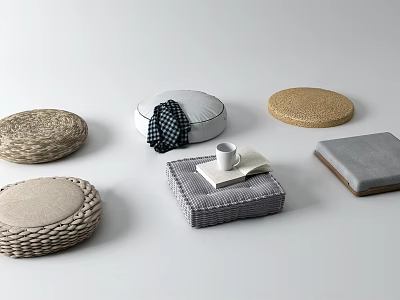 Stylish Square And Round Woven Fabric Floor Cushions With Tray And Cup For Home Decor 3d model