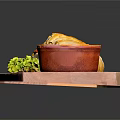 Fresh Croissant Sandwich With Lettuce Tomato Cheese And Green Sauce On Wooden Tray