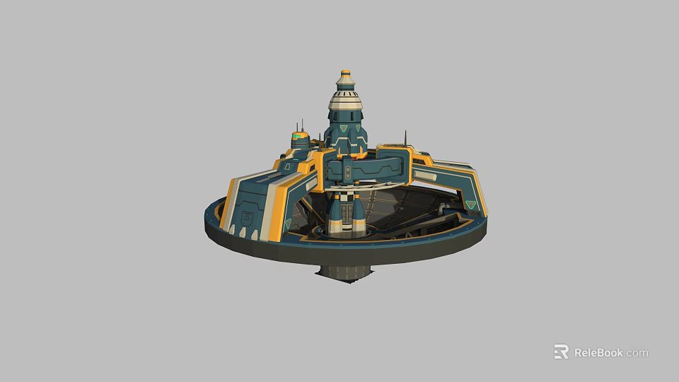 Futuristic Circular Building Model With Blue Yellow White Tower And Multi Layered Structure 3d model
